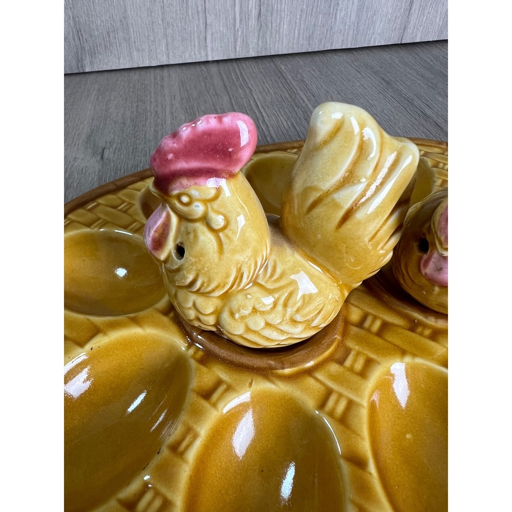 Vintage Ceramic Deviled Egg Tray with Chicken Salt and Pepper Shakers 3pc Set - Picture 5 of 10